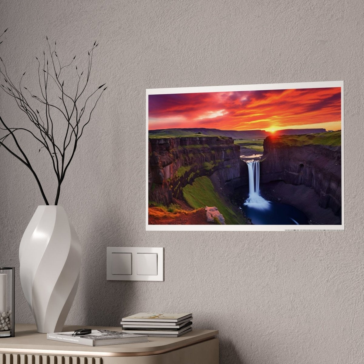 TEST Vibrant Landscape Gloss Poster - Sunset Waterfall Art Print (= Effet XXL Stickers= Poster à cller ?) - Art Cocoon