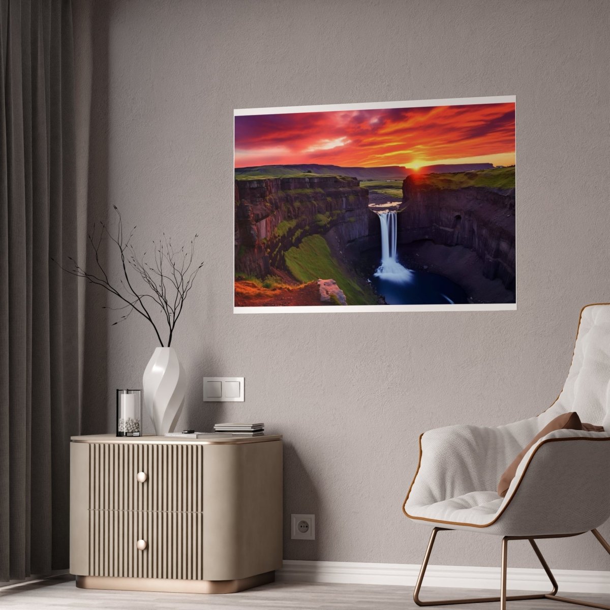 TEST Vibrant Landscape Gloss Poster - Sunset Waterfall Art Print (= Effet XXL Stickers= Poster à cller ?) - Art Cocoon