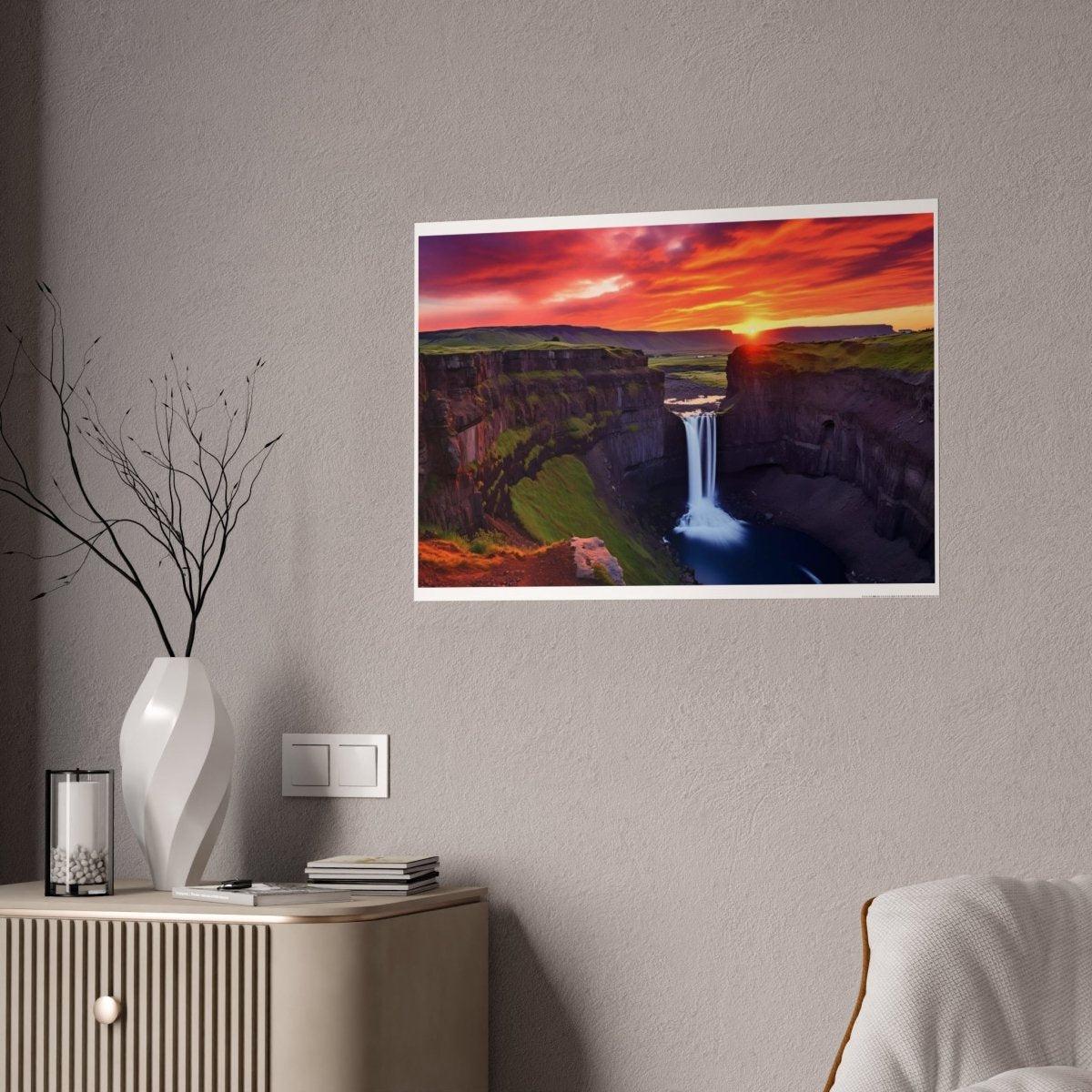 TEST Vibrant Landscape Gloss Poster - Sunset Waterfall Art Print (= Effet XXL Stickers= Poster à cller ?) - Art Cocoon