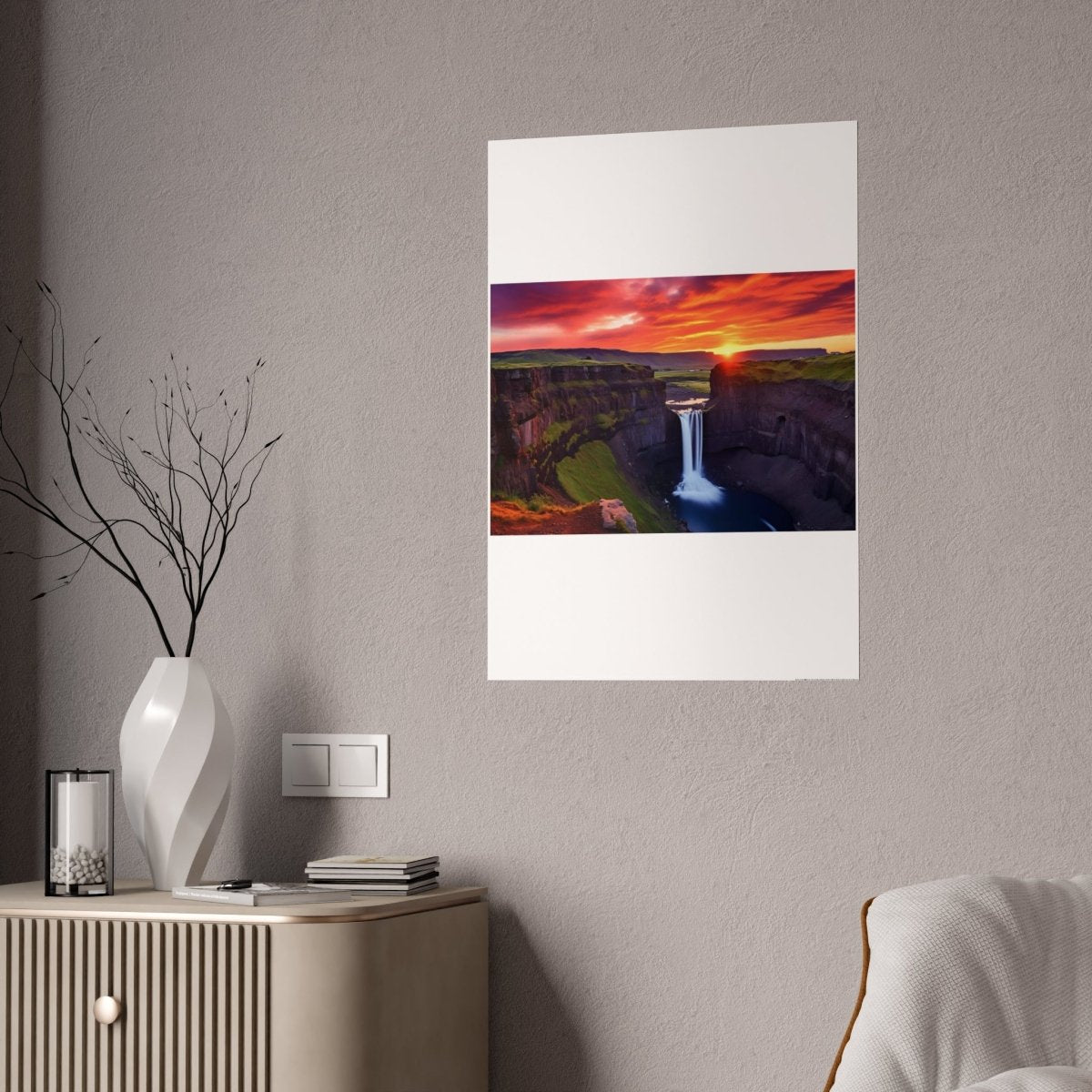 TEST Vibrant Landscape Gloss Poster - Sunset Waterfall Art Print (= Effet XXL Stickers= Poster à cller ?) - Art Cocoon
